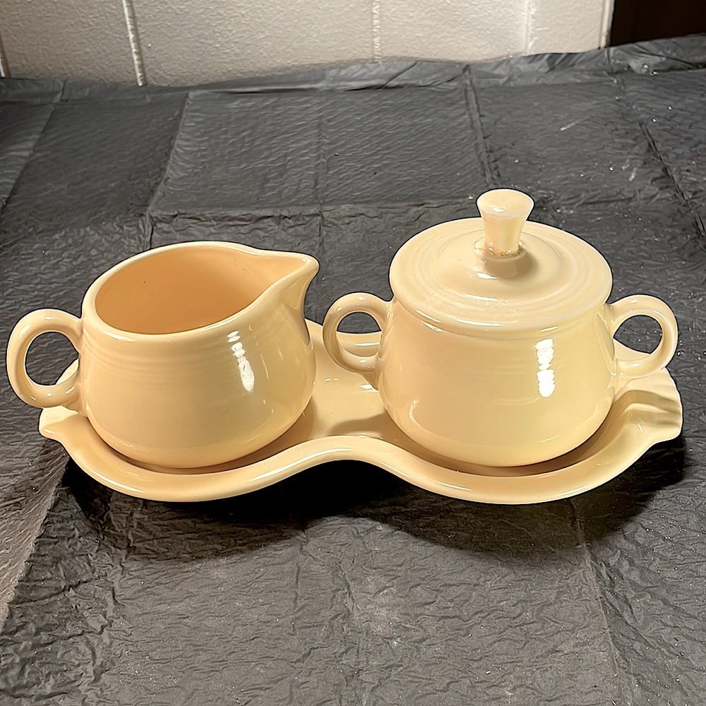 Yellow Fiesta Sugar Bowl and Creamer Set with Tray